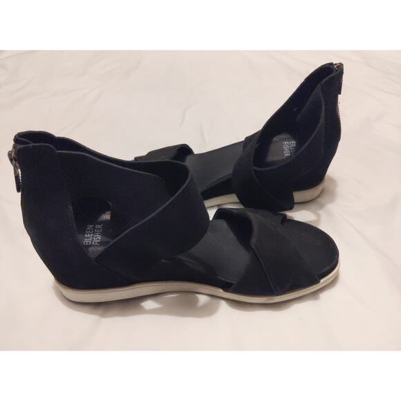 Eileen Fisher Women's 8.5 Black Sport Wedge Sandals Crossover Comfort NEW